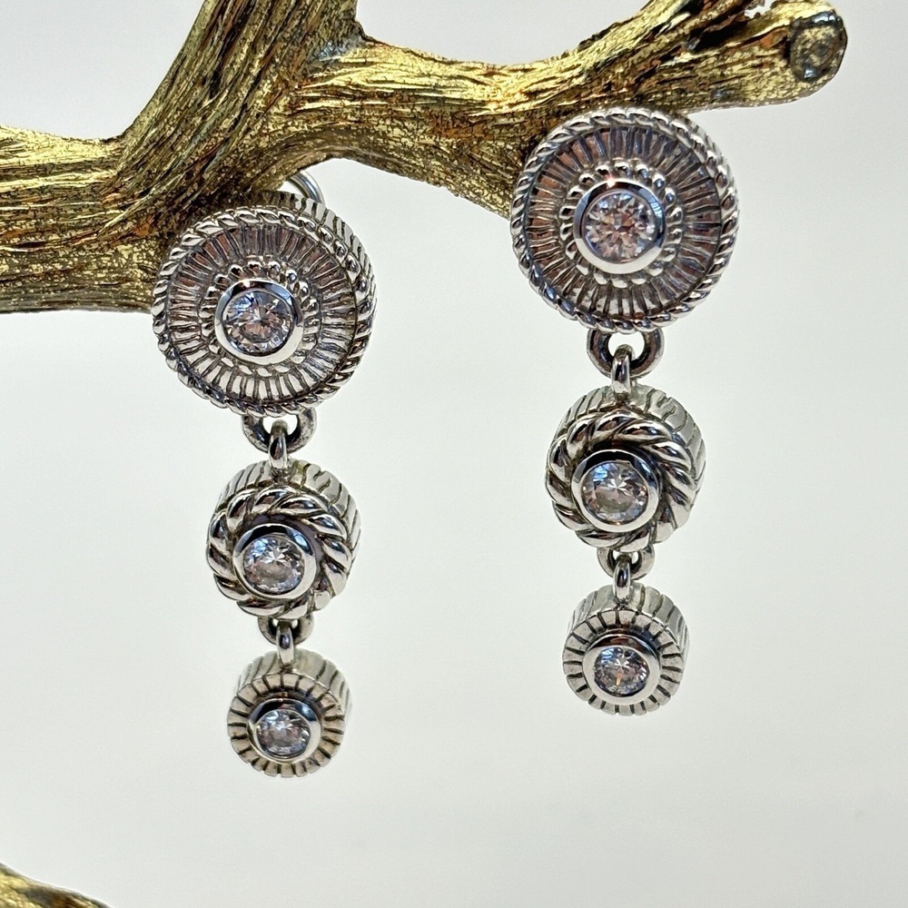 Judith Ripka CZ 925 Silver Dangle Omega Back Pierced Earrings 1.5"